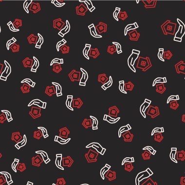 Çizgi Evi 'nin el simgesi, siyah arkaplanda izole edilmiş kusursuz desen. Sigorta konsepti. Güvenlik, güvenlik, koruma, konsept koruma. Vektör