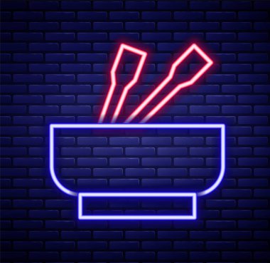 Parlak neon hatlı Asya erişteleri kasede ve yemek çubukları ikonu tuğla duvar arkasında izole edilmiş. Sokak yemeği. Kore, Japon, Çin yemekleri. Renkli taslak konsepti. Vektör