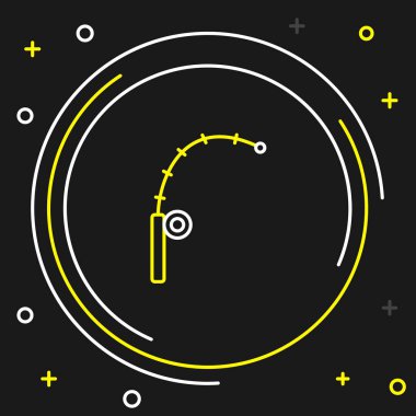 Olta çubuğu simgesi siyah arkaplanda izole edildi. Büyük bir balık yakala. Balıkçılık ekipmanları ve balık çiftliği konuları. Renkli taslak konsepti. Vektör