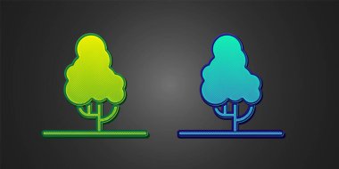 Siyah arkaplanda yeşil ve mavi meyve ağacı simgesi var. Tarım fabrikası. Organik tarım ürünü. Meyve bahçesi. Bahçe teması. Vektör