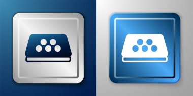 White Taxi car roof icon isolated on blue and grey background. Silver and blue square button. Vector