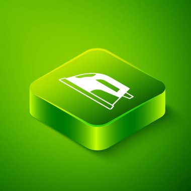 Isometric Electric demir ikonu yeşil arka planda izole edildi. Buhar ütüsü. Yeşil kare düğmesi. Vektör