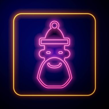 Siyah arka planda parlayan neon renkli Noel Baba şapkası ve sakal ikonu. Mutlu Noeller ve mutlu yıllar. Vektör