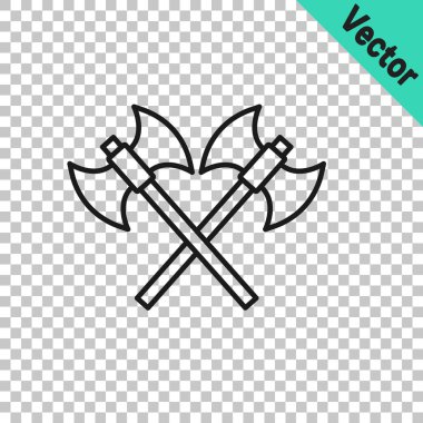 Siyah çizgi, şeffaf arkaplanda izole edilmiş ortaçağ eksen simgesini geçti. Savaş baltası, cellat baltası. Ortaçağ silahı. Vektör