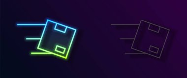 Siyah arkaplanda izole edilmiş karton kutu simgesiyle parlayan neon çizgi konumu. Teslimat hizmetleri, lojistik ve ulaşım, dağıtım. Vektör