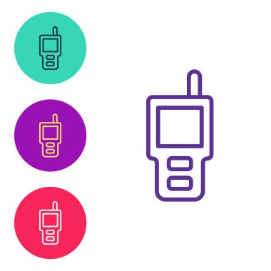 Beyaz arkaplanda izole edilmiş çizgi telsiz simgesi ayarla. Taşınabilir radyo vericisi simgesi. Radyo alıcı-vericisi işareti. Simgeleri renklendirin. Vektör