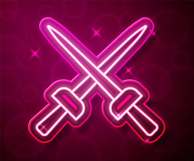 Parlayan neon çizgisi eskrim simgesi kırmızı arkaplanda izole edildi. Spor malzemeleri. Vektör