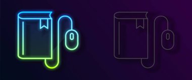 Fare simgesinin siyah arkaplanda izole edildiği parlak neon hattı Elektronik kitap. Çevrimiçi eğitim kavramı. E-kitap rozet ikonu. Vektör