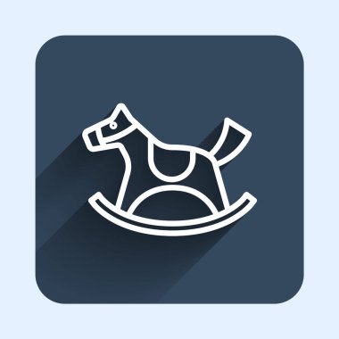 White line Wooden horse in saddle swing for little children icon isolated with long shadow background. Blue square button. Vector