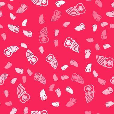 White line Pot of gold with magic rainbow icon isolated seamless pattern on red background. Happy Saint Patricks day. National Irish holiday.  Vector