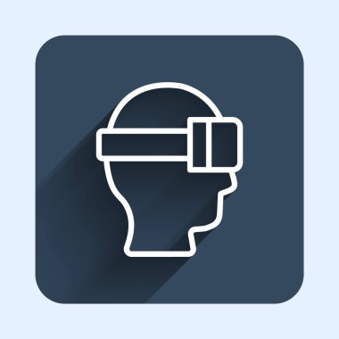 Beyaz çizgi Sanal gerçeklik gözlüğü simgesi uzun gölge arkaplanı ile izole edilmiş. Stereoskopik 3D VR maskesi. Optik baş monte edildi. Mavi kare düğme. Vektör