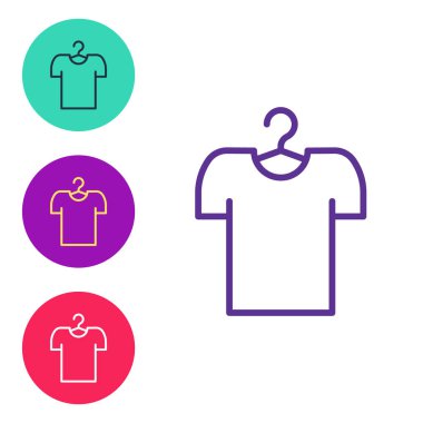 Beyaz arkaplanda askı simgesine çizgi tişörtü yerleştir. Simgeleri renklendirin. Vektör