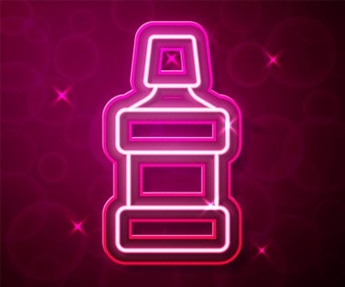 Parlayan neon hattı ağız gargarası plastik şişe ikonu kırmızı arka planda izole edilmiş. Ağzını çalkalamak için sıvı. Ağız bakım ekipmanları. Vektör