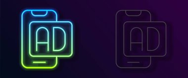 Parlayan neon hattı reklam simgesi siyah arkaplanda izole edildi. Pazarlama ve tanıtım süreci kavramı. İlgili reklamlar. Sosyal medya reklamcılığı. Vektör