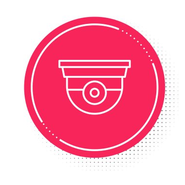 Beyaz çizgi güvenlik kamerası simgesi beyaz arkaplanda izole edildi. Kırmızı daire düğmesi. Vektör