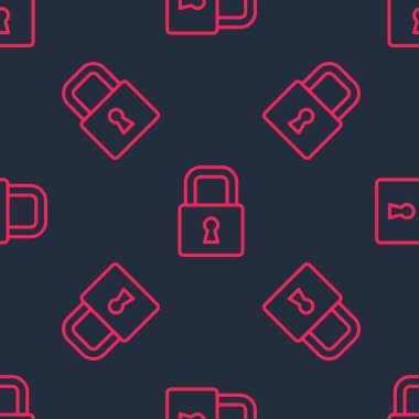 Red line Lock icon isolated seamless pattern on black background. Padlock sign. Security, safety, protection, privacy concept.  Vector