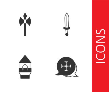 Set Crusade, Medieval axe, Castle tower and sword icon. Vector