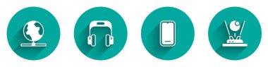 Set Global technology, Headphones, Mobile and Hologram icon with long shadow. Vector