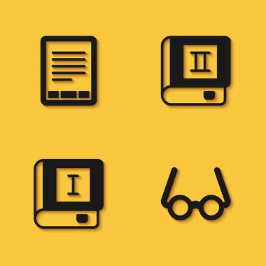 Set E-Book reader, Glasses,  and  icon with long shadow. Vector