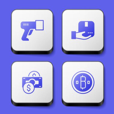 Set Scanner scanning bar code, Delivery hand with box, Stacks paper money cash and Cryptocurrency coin Bitcoin icon. White square button. Vector
