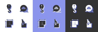 Set Paint bucket with brush, Crane hook, House plan and Worker safety helmet icon. Vector