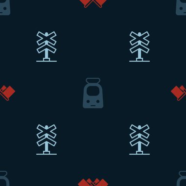 Set Flag, Train and railway and Railroad crossing on seamless pattern. Vector