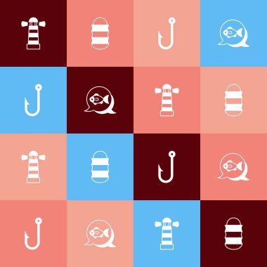 Set pop art Lighthouse, Fishing net, hook and  icon. Vector