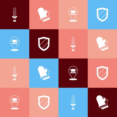 Set pop art Medieval sword, Protective gloves, Blacksmith anvil tool and Shield icon. Vector