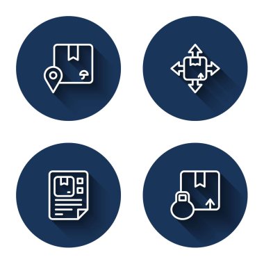 Set line Location with cardboard box, Carton, Waybill and  with long shadow. Blue circle button. Vector