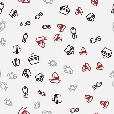 Set line Case or box for fishing equipment, Fishing lure,  and Yacht sailboat on seamless pattern. Vector