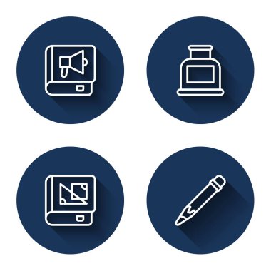 Set line Book, Inkwell, about geometry and Pencil with eraser with long shadow. Blue circle button. Vector