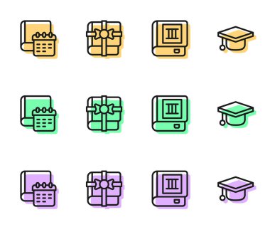 Set line Book, Daily paper notepad, as gift and Graduation cap icon. Vector