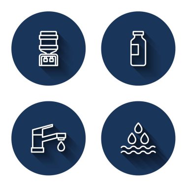 Set line Water cooler, Bottle of water, tap and drop with long shadow. Blue circle button. Vector