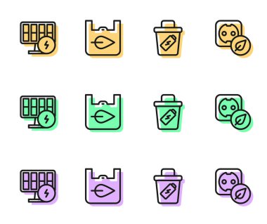 Set line Trash can, Solar energy panel, Shopping bag with recycle and Electrical outlet icon. Vector