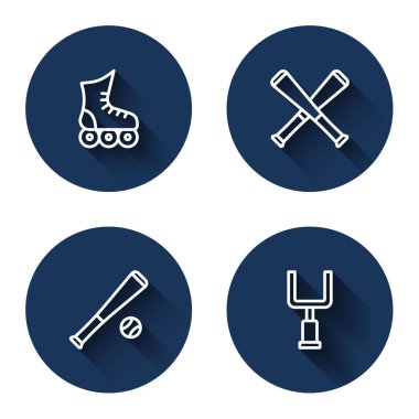 Set line Roller skate, Crossed baseball bat, Baseball with and American football goal post with long shadow. Blue circle button. Vector
