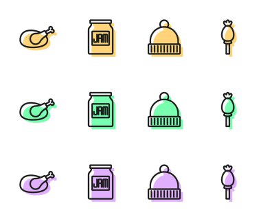 Set line Winter hat, Roasted turkey or chicken, Jam jar and Opium poppy icon. Vector
