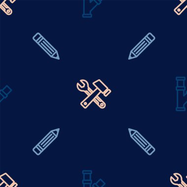 Set line Industry metallic pipe, Pencil with eraser and Hammer and wrench spanner on seamless pattern. Vector