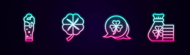 Set line Glass of beer, Four leaf clover, Clover trefoil and Money bag with. Glowing neon icon. Vector