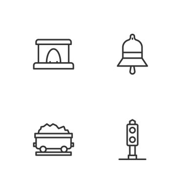 Set line Train traffic light, Coal train wagon, Railway tunnel and station bell icon. Vector