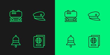 Set line Passport, Train station bell, Oil railway cistern and driver hat icon. Vector