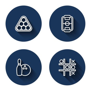 Set line Billiard balls in triangle, Table football, Bowling pin and and Tic tac toe game with long shadow. Blue circle button. Vector