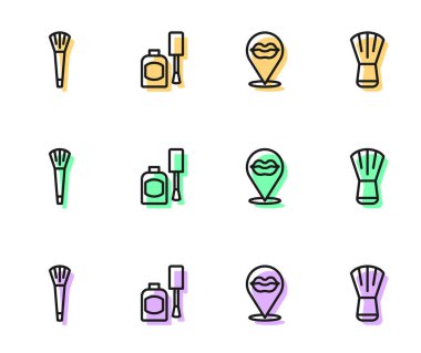 Set line Smiling lips, Makeup brush, Bottle of nail polish and  icon. Vector
