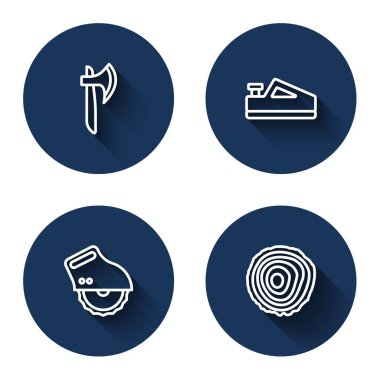 Set line Wooden axe, plane tool, Electric circular saw and Tree rings with long shadow. Blue circle button. Vector