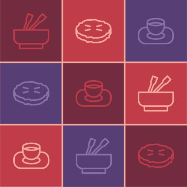 Set line Asian noodles in bowl, Soy sauce and Homemade pie icon. Vector