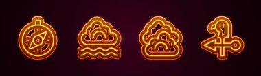 Set line Compass, Fog and cloud, Cloud and Rooster weather vane. Glowing neon icon. Vector
