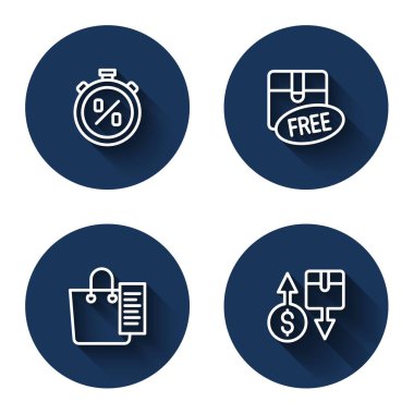 Set line Stopwatch percent discount, Cardboard box with free symbol, Shopping list and Tax cardboard with long shadow. Blue circle button. Vector