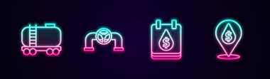 Set line Oil railway cistern, pipe with valve, drop dollar symbol and . Glowing neon icon. Vector