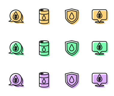 Set line Oil drop on shield, with dollar symbol, Barrel oil and  icon. Vector