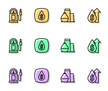 Set line Oil tank storage, Petrol gas station, drop with dollar symbol and price increase icon. Vector