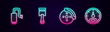Set line Car muffler, Engine piston, brake disk with caliper and Speedometer. Glowing neon icon. Vector